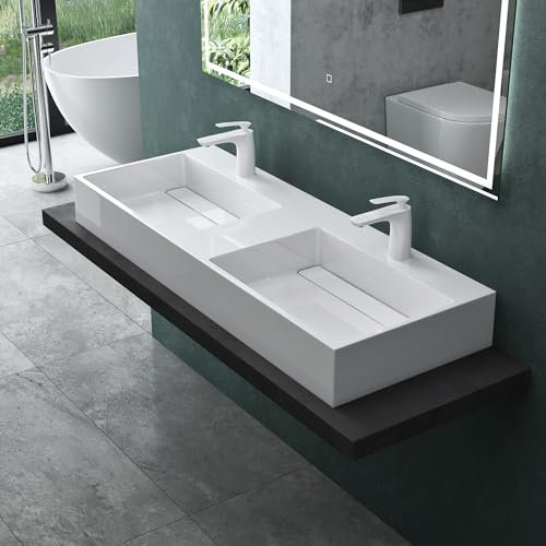 Mai & Mai Double Lavabo Suspendu Blanc 120cm Vasque à Poser Pour 2 Evier Lave Mains Salle de Bain sans Trop-plein Col12-1200-2