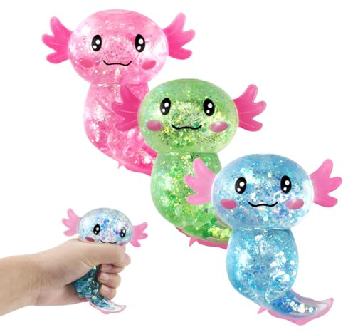3 stycken Axolotl Squeeze stressleksaker – stressminskning och avkoppling, glittrande Axolotl antistress-leksak, Squishy Squeeze Toys, Fidget Toys(grön, blå, rosa) för barn och vuxna
