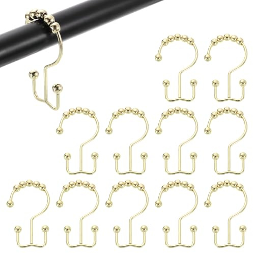 sourcing map 12Pcs Shower Curtain Hooks, Metal Double Glide Shower Rings, Curtain Rolling Shower Hooks for Rust-Resistant Sliding Smoothly, Gold