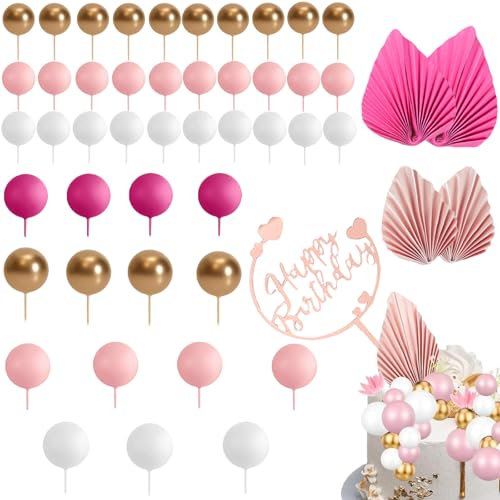 50Pcs Pink Cake Decorations, Gold Palm Leaves Cake Toppers, Rose Gold Cake Decorations, DIY Mini Cake Balls Decoration, Cake Topper Balls for Birthday Party Baby Shower Wedding Valentine's Day