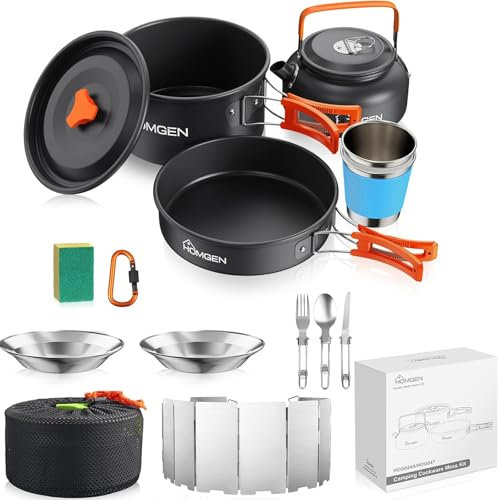 HOMGEN Juego de utensilios de cocina de camping portátiles con parabrisas, kit de utensilios de cocina de aluminio con bolsa de transporte, kit de desorden de cocina ligero para 2-3 personas