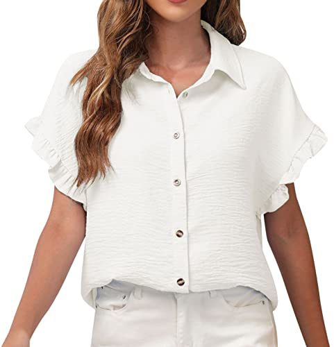 Kortärmad damskjorta med V-hals, chiffongskjorta transparent blus damer sexig, Vit, XL