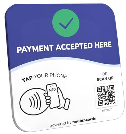 NFC Business QR Code Sign Plate for Paying Here – Drive Offline Engagement Online – Works Like Review Tap Card & Social Media Sign – No App or Fees – Includes Stand or Adhesive