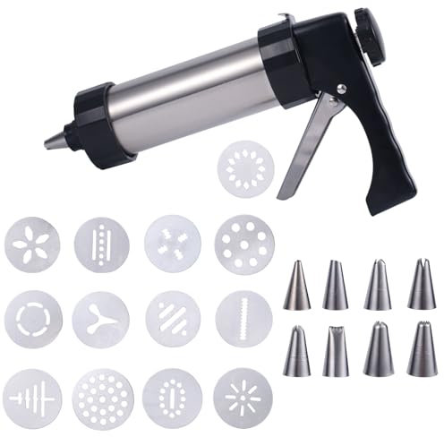BOXOB Kit de Prensa Galletas Cookies Hornear, Acero Inoxidable Prensa para Galletas con 13 Discos y 8 Boquillas Manga Pastelera Ideal para Hacer Pasteles y Postres