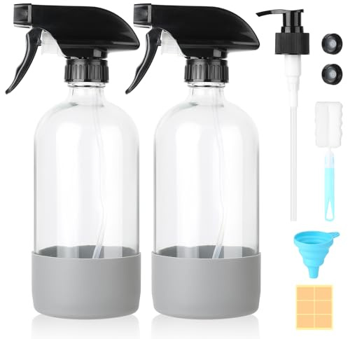 Furuising 2 Piezas Botella Spray Pulverizadors, 480ml/16oz, Spray Bottle Cristal con Rociador Ajustable, Bomba, Tapas, Funda, Embudos, Cepillos y Etiquetas para Limpieza, Hogar, Plantas, Peluquería