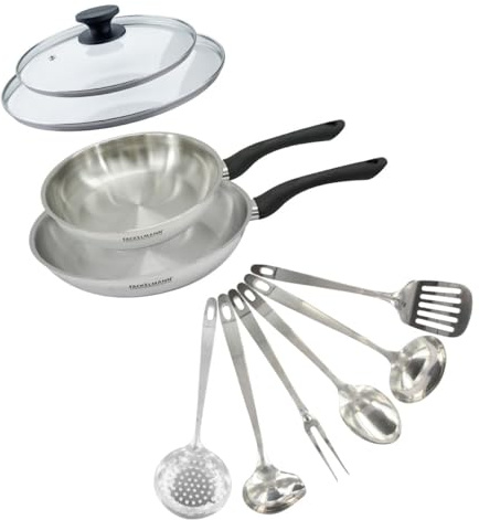Fackelmann 9445850 Set mit 2 Pfannen 24 und 28 cm aus Edelstahl 18/8, 2 Glasdeckel und 6 Edelstahlutensilien, Pfanne für alle Herdarten, Induktion, Pfanne ohne PFAS, Edelstahl 18/8, Glas, 24 und 28 cm