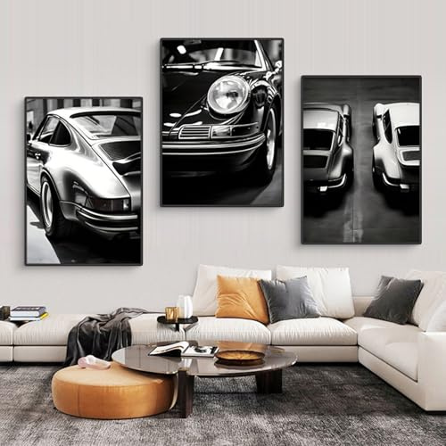 Uixxducc 3er Vintage Car Poster Set, Wanddeko Wohnzimmer & Schlafzimmer, Schwarz Weiß CarBilder Deko Vintage Poster Stilvolle Wandbilder - ohne Bilderrahmen (40x50cm)