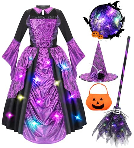 MELAND Witch Costume Kids, Halloween Costumes for Kids With Light Up Witch Hat & Broom for Girls Aged 3 to 10 Years Old(M)