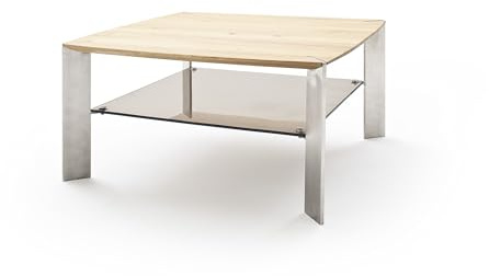 möbelando Couchtisch >Nelia< 80x80 cm quadratisch mit massiver Eichenplatte, Glasablage in Bronze und Edelstahl-Optik-Gestell – modernes Design, edle Materialien & hohe Stabilität