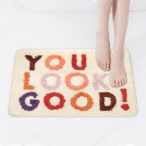 TranRantic You Look Good Bath Mat, 40 x 60 cm Bathroom Mats,Shower Mat Outside Shower,Colourful Letters Soft Anti Slip Bath Mats, Bathroom Rug for Bathtub,Toilet,Laundry Room,Balcony(Beige)