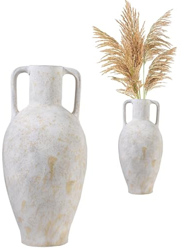 UPWOIGH 52x25.4 CM Tall Large Vintage Handles Ceramic Floor Vase, Antique White Pottery with Beige Speckles and Distressed Black Markings, Rustic Farmhouse Living Room or Bedroom Decor, 1 Pack Gift