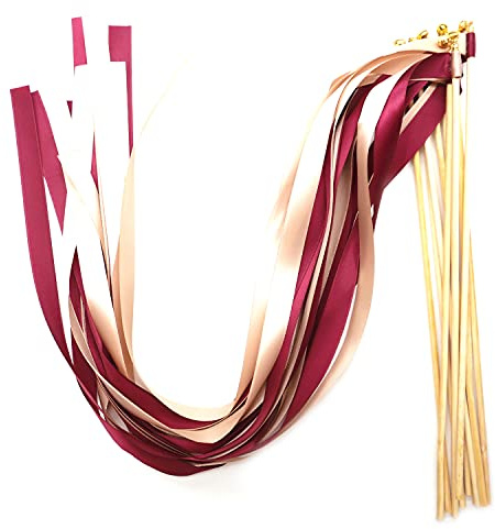 Blausky 40 Stück 30cm Wedding Wands,Bunt Seidenfeenstab Glücksstäbe Stäbe mit Glöckchen Hochzeit Luftschlangen Romantic Zauberstäbe für Geburtstage Party Feiertagsfeiern Hochzeit,Weinrot