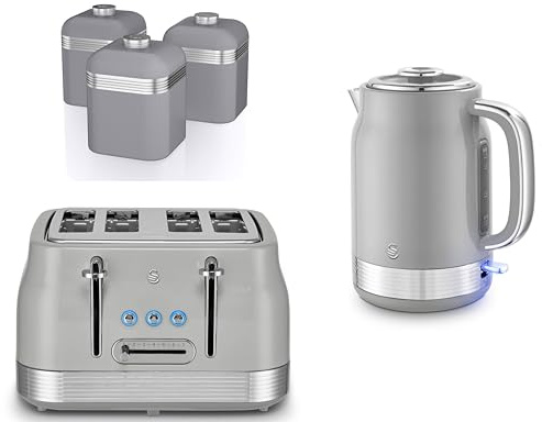 Swan Retro Revive Grey 1.7L 3KW Jug Kettle, 4 Slice Toaster and Retro Canisters. Matching Retro Design Kitchen Set in Grey with Chrome Accents
