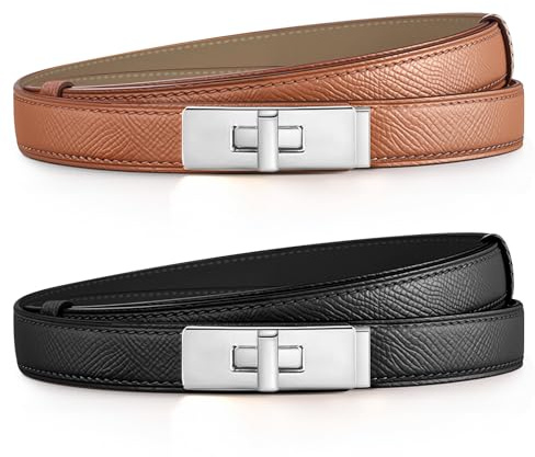 Ahokei Skinny Gürtel Damen, Ledergürtel Damen Taillengürtel Damengürtel Leder Beidseitig Damengürtel für Jeans Klassisch Silber Drehverschluss Gürtel 2 Stück Schwarz Braun Geschenke für Frauen