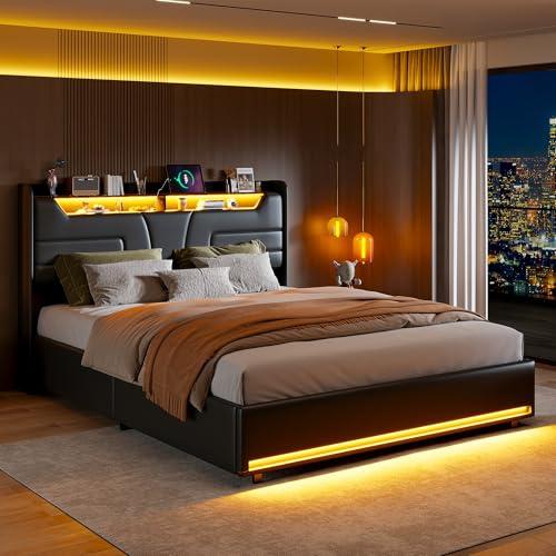 Yeutre Bett 140 x 200 mit Hydraulisch Stauraum, Polsterbett Doppelbett mit Stauraum-Kopfteil, LED und USB, Doppelbett Bettgestell mit Lattenrost, ohne Matratze, PU (Schwarz 3, 140 x 200 cm)