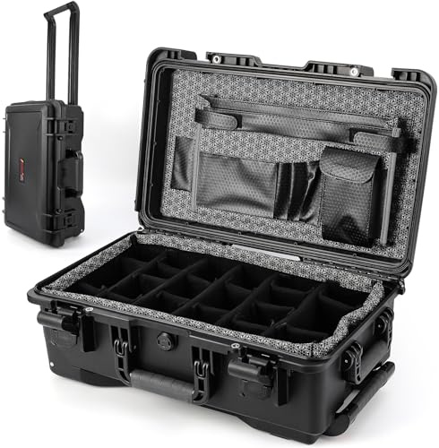 RBFGYIOP Valigia Fotografica Impermeabile Antiurto con Ruote – Divisori Imbottiti, Custodia Protettiva – Comparto Accessori, Borsa Documenti, Inserto Fotocamera – 22x14x9 – Per Fotocamera Subacquea