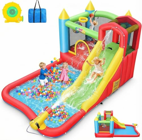 AKEYDIY Château Gonflable pour Enfants de 3 à 12 Ans avec Toboggan, Trampoline, Piscine à balles, Panier de Basket, Cible, Mur d'escalade, Canon à Eau et Ventilateur, Extensible