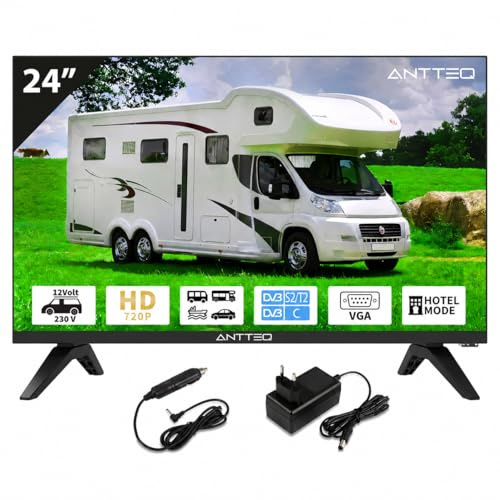 Antteq AE24H5C Televisor LED 24 Pulgadas (60 cm) HD con12V, Triple Sintonizador DVB-C/T2/S2, Modo Hotel, Audio Dolby, Conexiones SCART & Ci+ – Ideal para Autocaravana, Hotel