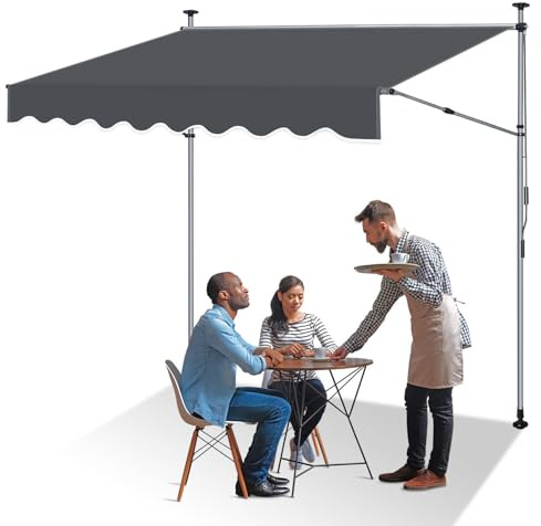 ISOISL Toldo de sujeción de 250 cm de ancho, toldo para balcón, sin agujeros, altura regulable 214 – 305 cm, protección solar extensible hasta 150 cm, de poliéster de 180 g/m², UV50+, antracita