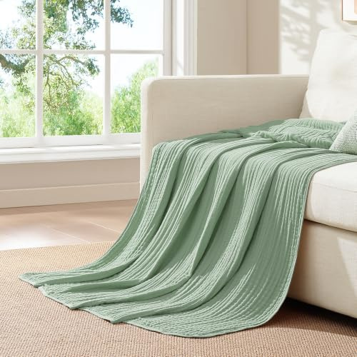 Topfinel Musselin-Decke Erwachsene,100% Baumwolle Kuscheldecke, Dekorative Tagesdecke und Wohndecke Fur Sofa Weiche Sommer Decke 150x200 cm Salbeigrün Blanket,Leichte Atmungsaktive Ganzjahresdecke