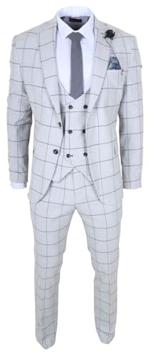 Men's 3 Piece Tailored Fit Suit Light Grey Plaid Check with Unique Double-Breasted Waistcoat