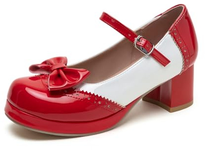 TNMIUH Scarpe Mary Jane Donna con Tacco Largo e Fiocco Scarpe con Cinturino Plateau Vintage Stile Lolita, Décolleté in Vernice per Feste Cosplay e Quotidiano Nero Rosso Rosa,Rosso,44 EU