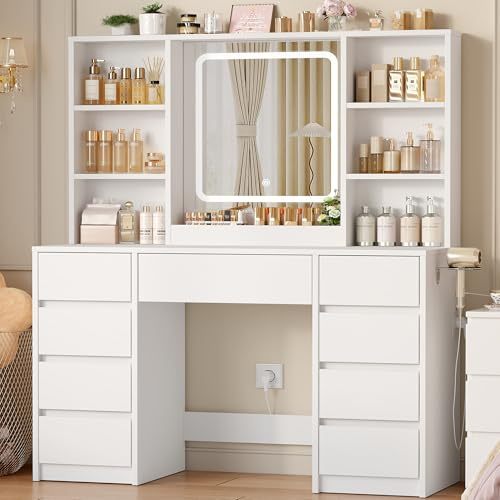 Coiffeuse avec Miroir LED Réglable, Coiffeuse avec 9 Tiroirs et 6 Ouverts
