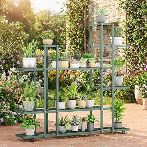 Koioplie Blumenständer Metall mit Rollen & Bremse, Mehrstöckiges Pflanzenregal für Ecke, Rostschutzbeschichtet, Platzsparend für Wohnzimmer Balkon Terrasse Garten, Grün