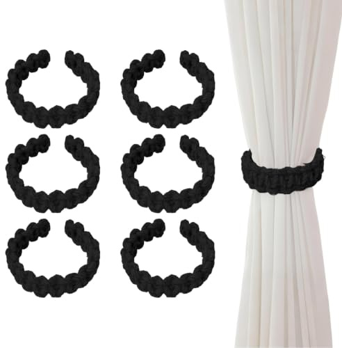 Aihoom 6 Piezas Abrazaderas de Cortina de Yute, Sujeta Cortinas Decorativas, Alzapaños para Cortinas, Curtain Tiebacks, Recoge Cortinas para Salón, Dormitorio y Oficina (Negro)