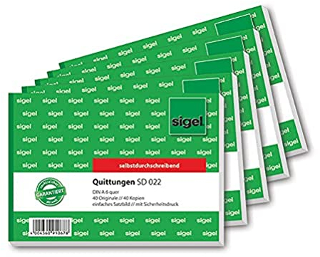 SIGEL SD022 Quittungsblock A6 quer, 5 Stück, 2x40 Blatt, selbstdurchschreibend, mit 1 Durchschlag, mikroperforiert, aus nachhaltigem Papier