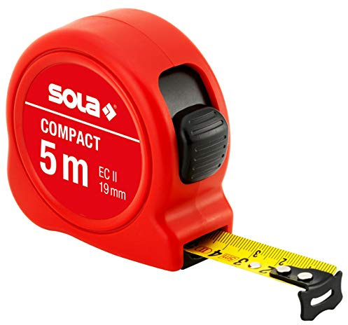 SOLA COMPACT - Bandmaß 5m / 19mm - Taschenbandmaß mit Gürtelclip - Stahlband, gelb lackiert mit mm Skala - Genauigkeitsklasse II - Rollmeter mit beweglichem Endhaken - Metermaß Länge - 3m, 5m, 8m
