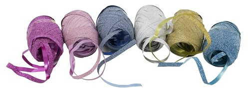 Bright Ideas Ringelband mit Glitzer, verschiedene Farben, PK06 Gold, Silber, Rosa, Hellblau, Pfirsich und Blau 6 x 10 Meter für Geschenkverpackungen, Ballonbinder und Schnur BI3025