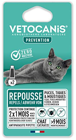 Vetocanis, Pipettes Anti Puces Chat, Anti Tiques,Traitement et Protection Antiparasitaire Chat, A base de Margosa, Répulsilf Protection Immédiate et Continue, Pack de 2 pipettes de 1,2ml