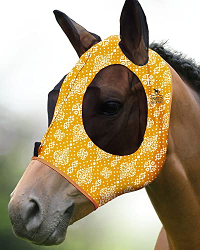 Harrison Howard Super Comfort Stretchy Fly Mask Large Eye Space with UV Protection Soft on Skin with Breathability Gelber Ethnischer Stil L
