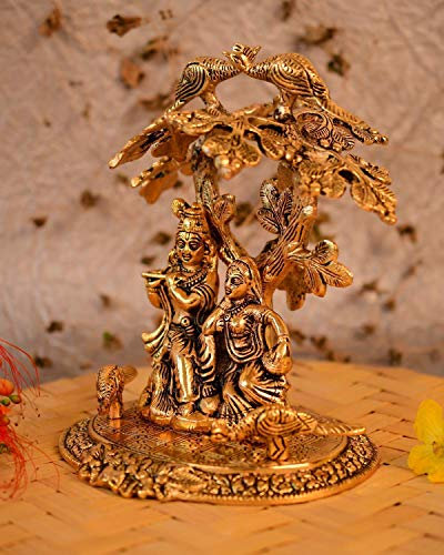 Crafting Love Lord Radha Idole Krishna avec flûte sous le paon pour décoration d'intérieur (13 x 8 x 19 cm, doré)