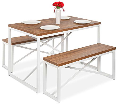 Best Choice Products 45.5in 3-Piece Bench Style Dining Furniture Set, 4-Person Space-Saving Dinette for Kitchen, Dining Room w/ 2 Benches, Table - Brown/White