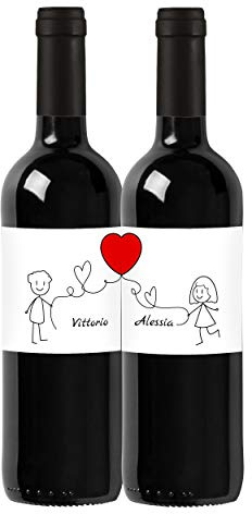 Couple wine bottiglie personalizzate di Vino Rosso per San Valentino, bomboniere, anniversario di fidanzamento e di matrimonio (0,75L, Palloncino)