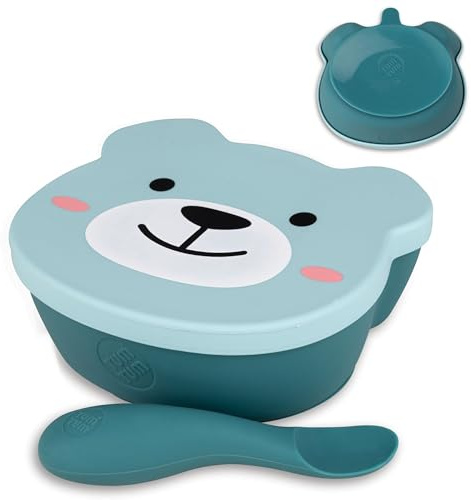 TUM TUM Bol Ventouse pour Bébé Couvercle, Cuillère Bébé, Silicone 1er Repas (Bleu)
