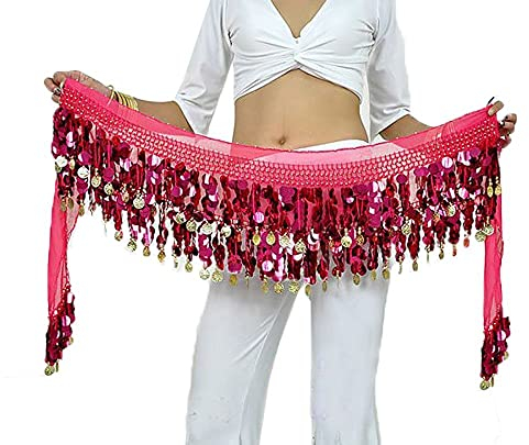 G-LIKE Bauchtanz Hüfttuch Taillenkette Gürtel – Professionelles Tanzkostüm Sexy Tanzkleid Rock Outfit Zubehör mit 88 Münzen Pailletten Hüftschal für Damen Mädchen Doppellagig – 160 cm (Rose)
