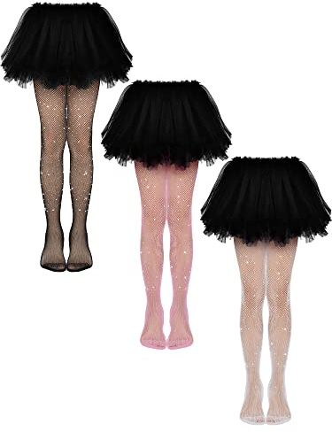 Geyoga 3 Collant a Rete con Glitter per Bambina Calze a Rete con Strass (M, 125-160 cm, Nero, Rosa, Bianco)