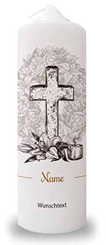 GRAVURZEILE Trauerkerze im Vintage Kreuz Design mit Name & Wunschtext - Hochwertige Stumpenkerze 250/80 mm brilliant bedruckt - Trauerdekoration für das Grab - Geschenk für die Trauernden