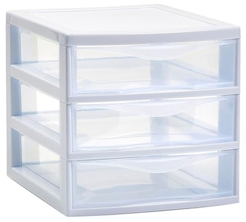Tradineur - Cassettiera guadiana da tavolo, 3 cassetti trasparenti, torre di stoccaggio, armadio, bagno, ufficio, prodotto in Spagna (bianco, 17,5 x 18 x 21,5 cm, modello casuale