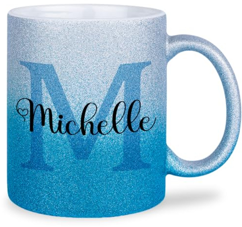 glitzertassen.de® | Namenstasse mit Buchstabe | Personalisiert| Tasse mit Glitzer | Geschenkidee | Keramik | 330 ml | Silberblau