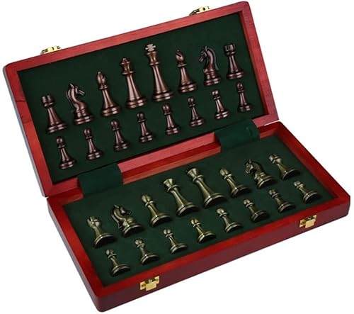YMXWFC Schach High-End-Schach-Geschenkbox-Set Massivholz-Faltschachset Metall-Schachfiguren Retro-Profi-Schach Schachbrett für alle Altersgruppen