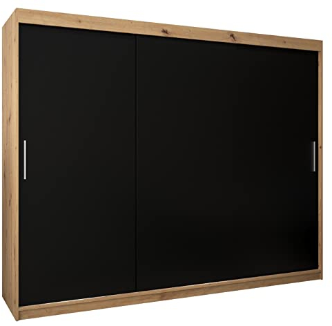 MEBLE KRYSPOL Tokyo 250 Kleiderschrank mit DREI Schiebetüren für Schlafzimmer – moderner Aufbewahrungsschrank mit Kleiderstange und Regalen – 250x200x62cm - Artisan + Mattschwarz
