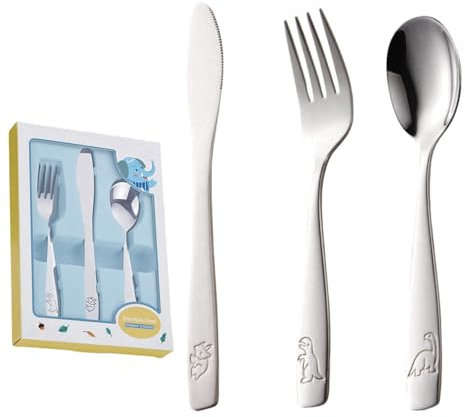 DAWOOWF Set di 3 Posate per Bambini in Acciaio Inox 304,1 Cucchiai per Bambini,1 Forchetta per Bambini,1 Coltello per Bambini,Adatto per La Casa E La Scuola