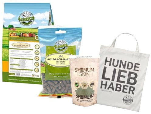 Bellfor Futterset für Bearded Collie Getreidefreies Trockenfutter mit Wildlachs & Bachforelle 4 kg und Soft-Snacks 200 g und Nahrungsergänzungmit Shiitake - Shiimun Skin Pulver 50 g