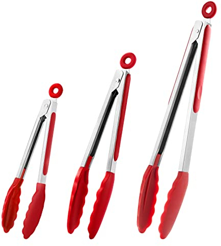 Set di pinze da cucina in silicone da 18 cm + 23 cm + 30 cm, pinze da cucina con punte in silicone e manico in acciaio inossidabile, pinze per grigliare, barbecue, buffet (Rosso, 18/23/30 cm)