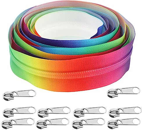OTOTEC #5 Regenbogen-Reißverschlussband, 4 Meter, Nylonspule, Endlose Reißverschlüsse mit 10 Silbernen Reißverschlussschiebern für DIY-Nähen, Schneiderhandwerk, Taschen, Gepäck