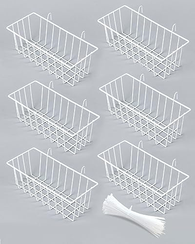 SEMPOMA 6 Pack White Wall Grid Panel Hanging Wire Basket, Wall Baskets with Hooks for Organizing, White Metal Grid Panel Accessories